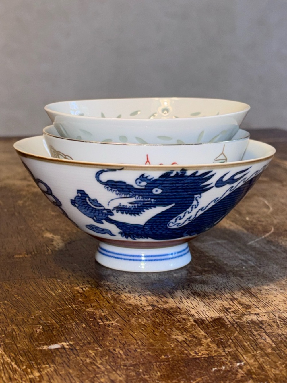 Set of 3 Vintage Asian Rice Bowls Dragon Blue White Lantern Rice Grain Porcelain